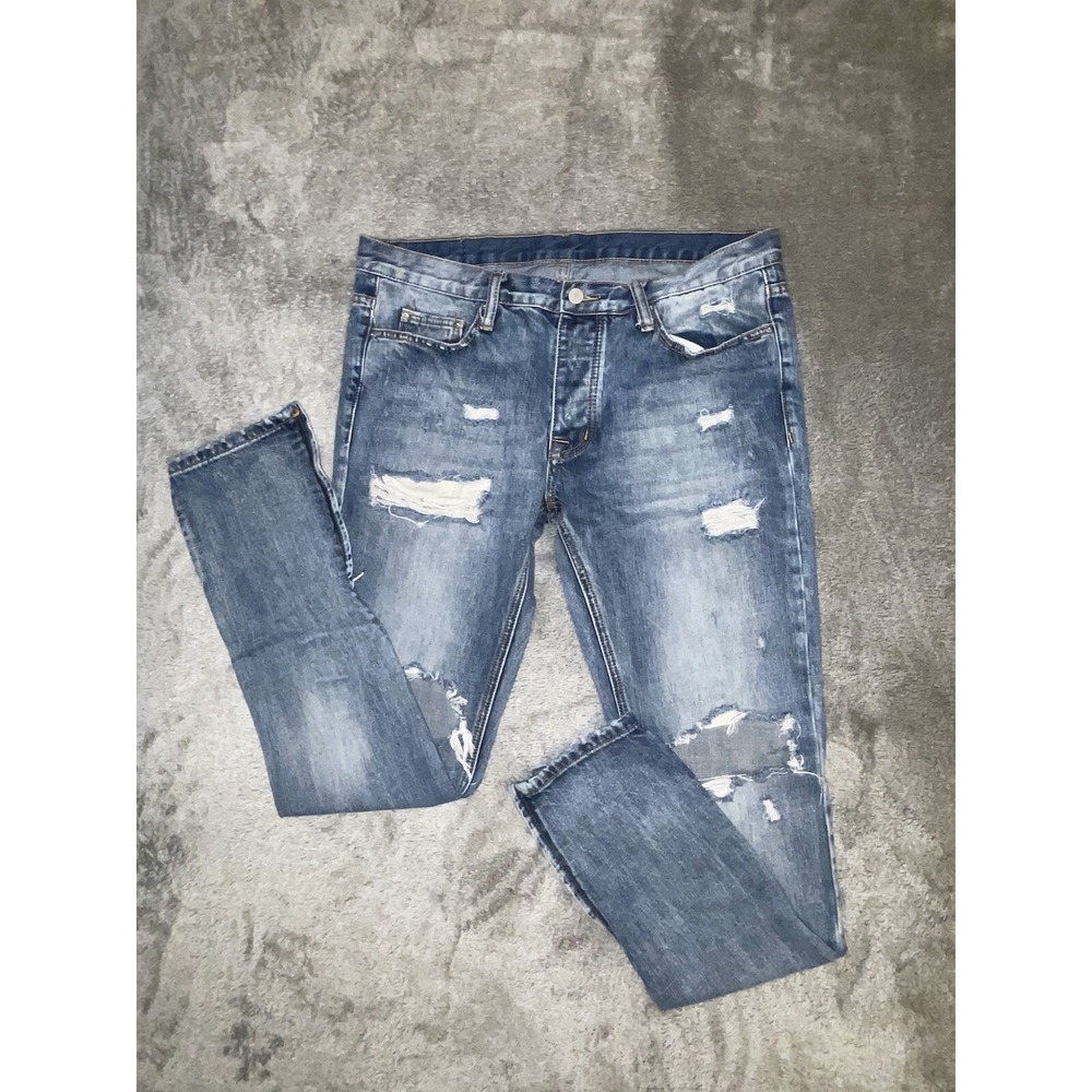 MNMI Men's Jean Blue Skinny Denim Ankle Zip Distressed Faded Hipster 34x32